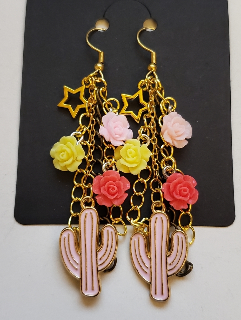 Handmade Pink Yellow Western Cactus Flower Earrings